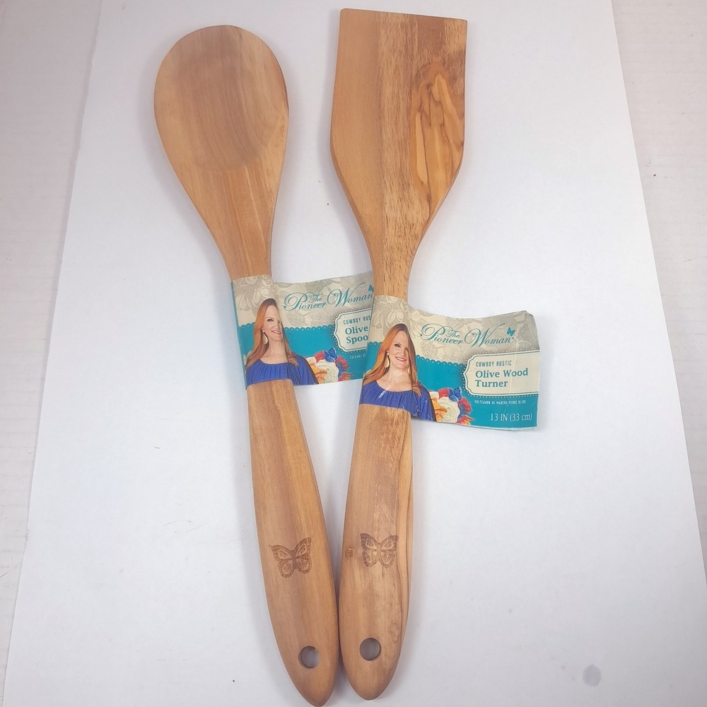 The Pioneer Woman Cowboy Rustic Olive Wood Turner & spoon 13" kitchen utensils